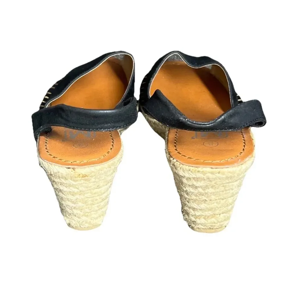 Makers Espadrille Wedge Sandals Womens 8 Black Sling Back Jute Boho Chic Summer